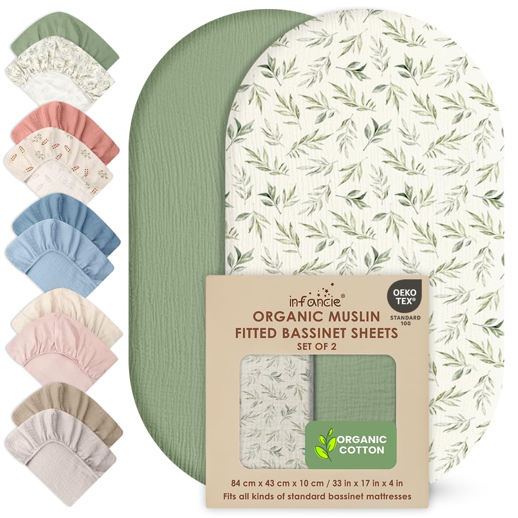 100% Organic Cotton Muslin Baby Bassinet Baby Sheet 33 X 17 Inch Soft Breathable Lightweight Stretchable Bed Sheet 2 Pack Gentle On Skin Durable Snug Fit Sheet for Newborn Bassinet Mattress