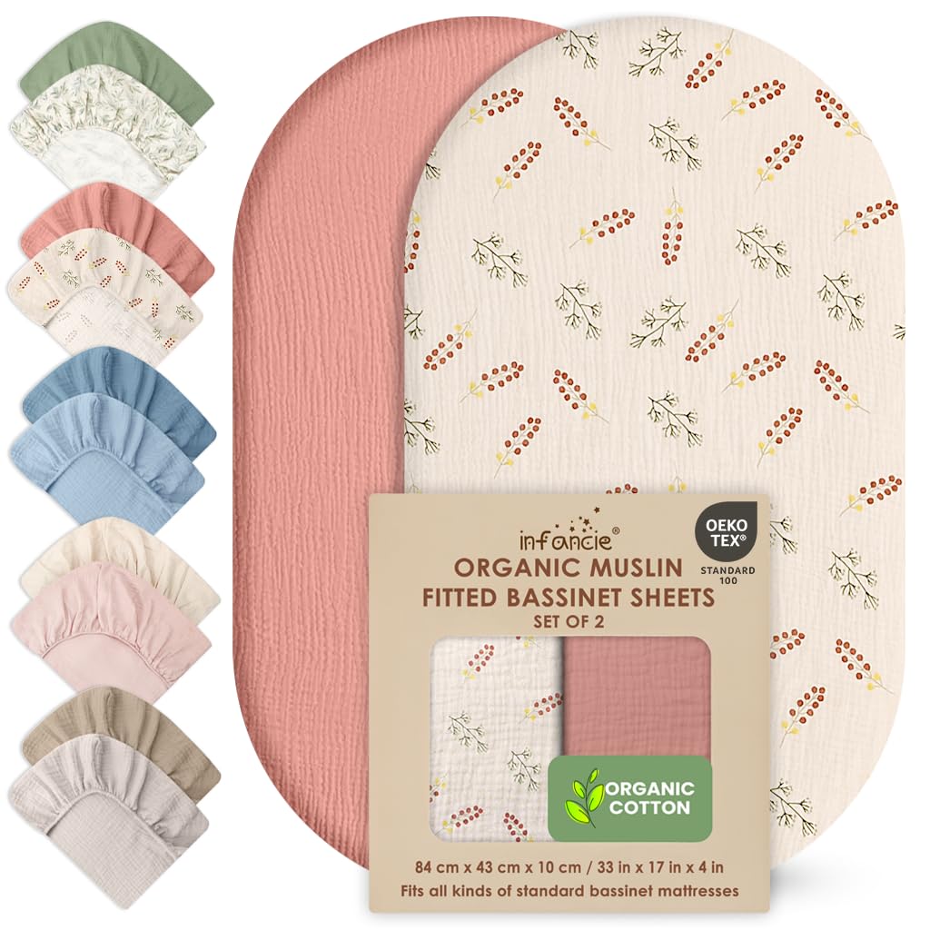 100% Organic Cotton Muslin Baby Bassinet Baby Sheet 33 X 17 Inch Soft Breathable Lightweight Stretchable Bed Sheet 2 Pack Gentle On Skin Durable Snug Fit Sheet for Newborn Bassinet Mattress