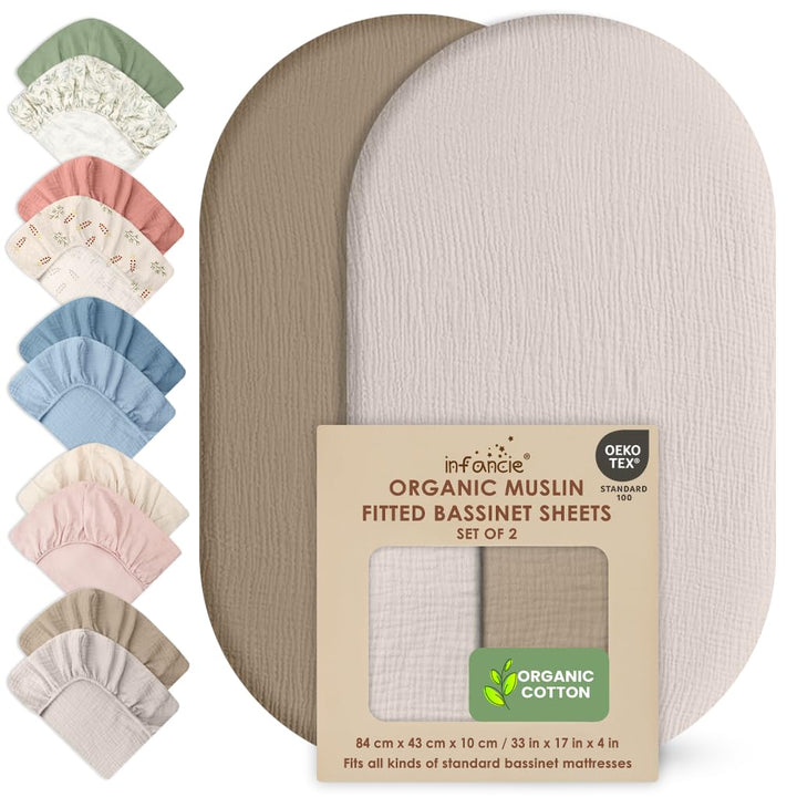 100% Organic Cotton Muslin Baby Bassinet Baby Sheet 33 X 17 Inch Soft Breathable Lightweight Stretchable Bed Sheet 2 Pack Gentle On Skin Durable Snug Fit Sheet for Newborn Bassinet Mattress