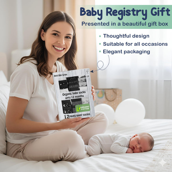 Mother's Choice Organic Cotton Baby Socks 6-12 Months, 12 Pairs Unisex Anti Slip - Soft & Hypoallergenic Baby Girl & Boys Socks (US, Age, 6 Months, 12 Months, Black - White - Gray 12 Pair)
