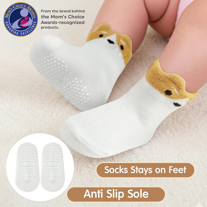 Organic Cotton GOTS Certified Non-Slip Baby Socks 0-6 Months - 7 Pairs Soft Breathable Newborn Socks Animal Design For Infant