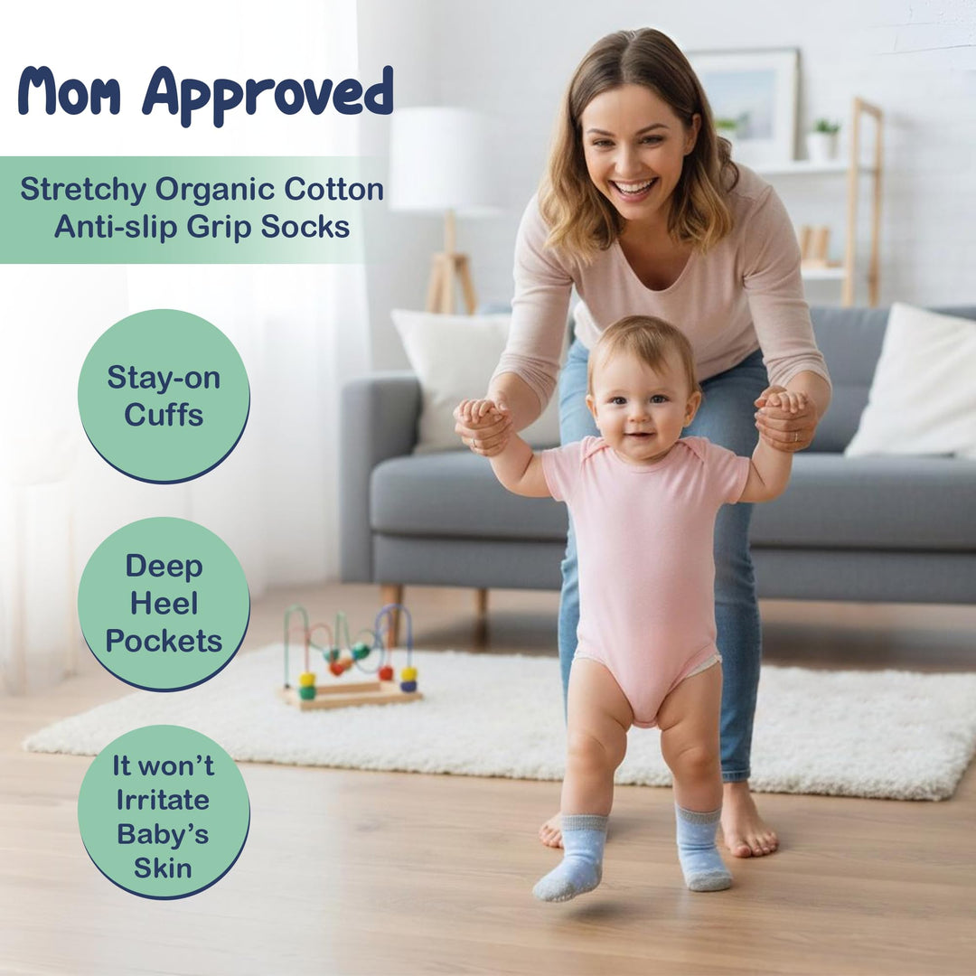 Mother's Choice Organic Cotton Baby Socks 6-12 Months, 12 Pairs Unisex Anti Slip - Soft & Hypoallergenic Baby Girl & Boys Socks (US, Age, 6 Months, 12 Months, Blue - Gray - White)