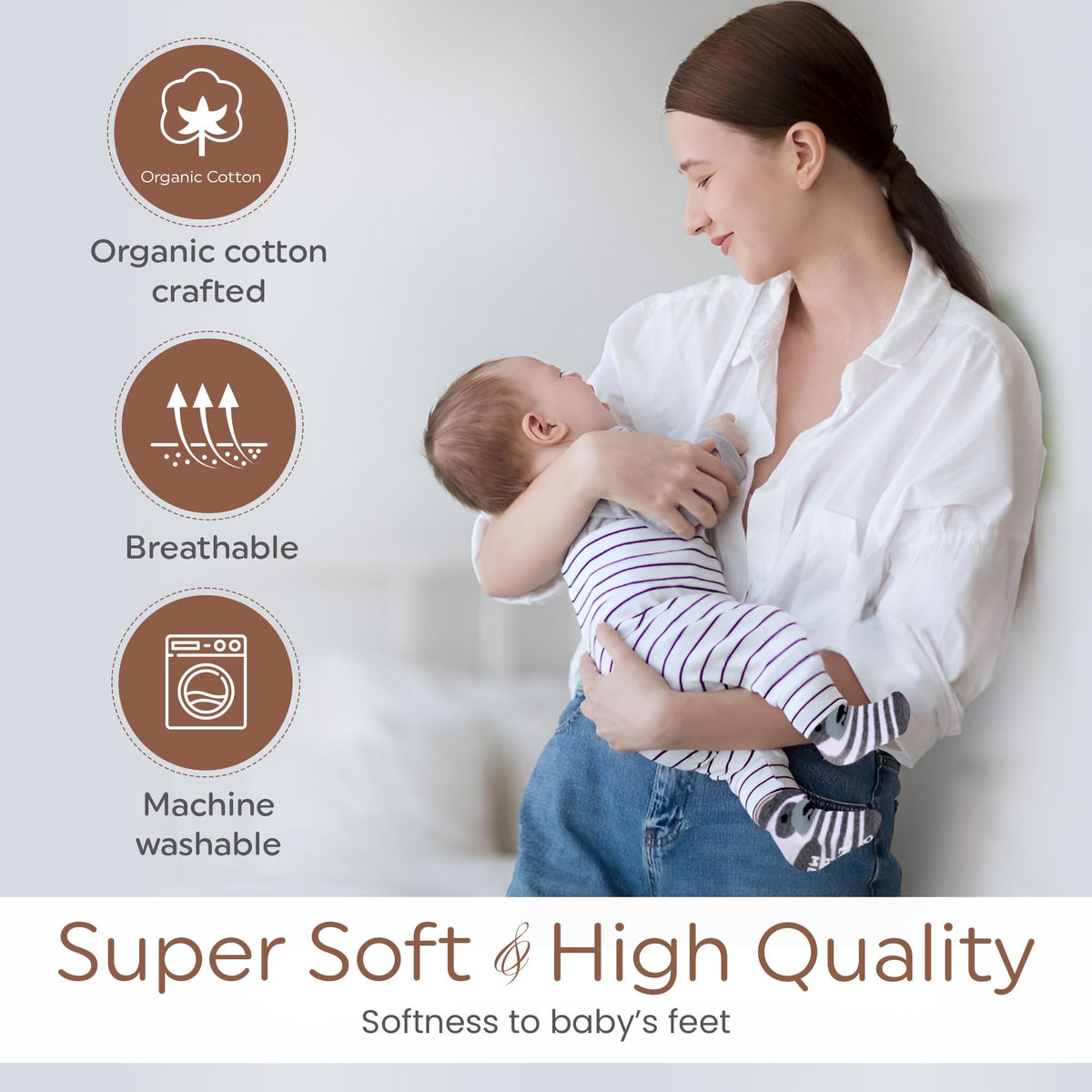 Organic Cotton Baby Socks with Gripper 0-6 Months | 8 Pairs