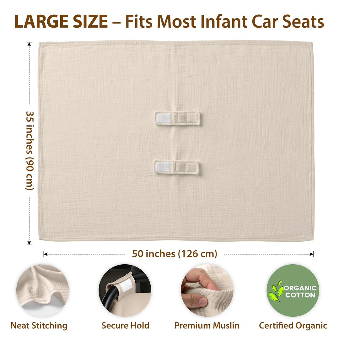 100% Organic Muslin Cotton Car Seat Cover 35 x 50 Inches Soft Touch Breathable Canopy, Protective Car Seat Cover Baby All Seasons Lightweight Car Seat Cover Travel Comfort (Ivory)