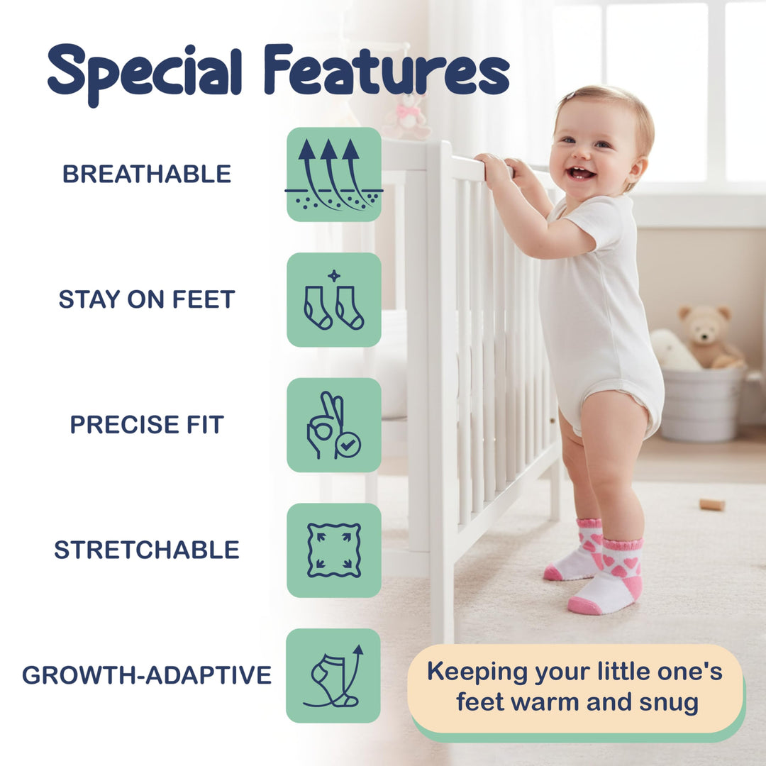 Mother's Choice Organic Cotton Baby Socks 6-12 Months, 12 Pairs Unisex anti slip - Soft & Hypoallergenic Baby Girl Socks (US, Age, 6 Months, 12 Months, Pink)