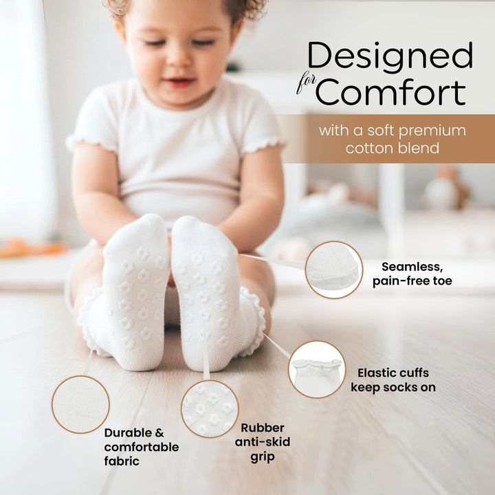 Mother's Choice Ruffle Socks 3–5 Years – Socks for Baby Girls, Non Slip Toddler Sock & Non Slip Toddler with Grips for Safe Play and Everyday Comfort (US, Age, 3 Years, 5 Years, White)