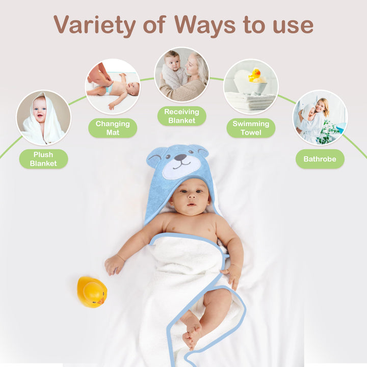 Mother's Choice Organic Baby Hooded Towel - Large Size, Cotton, Ultra-Soft & Absorbent Bath Towel for Newborns, Infants, Toddlers, Boys & Girls with Animal Hood (Blue Bear)