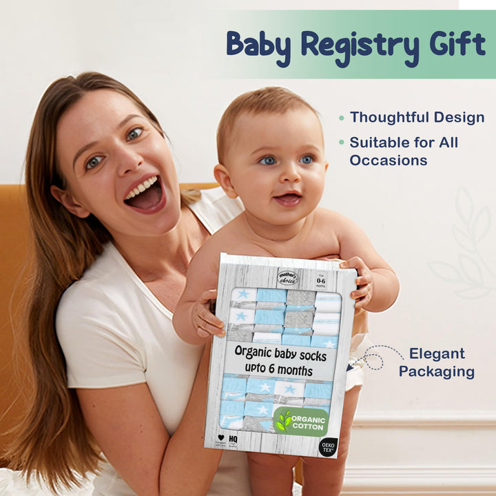 Mother's Choice Organic Cotton Baby Socks, 12 Pairs, Unisex 0-6 Months - Soft, Hypoallergenic Newborn & Infant Socks - Baby Girl & Boy Gifts, (12Pcs, Blue - Gray - White)