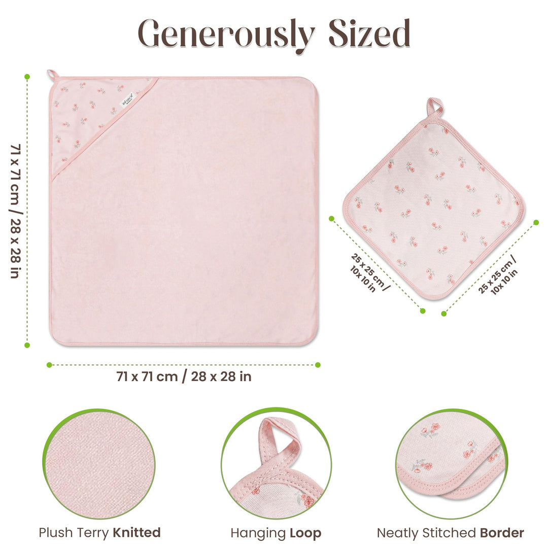 Organic Hooded Baby Towels with Washcloths – 2 Hooded Towel (28x28 inches) & 2 Washcloth (10x10 inches) – Ultra Soft, Absorbent & Cozy Cotton Bath Towels for Newborns and Infants