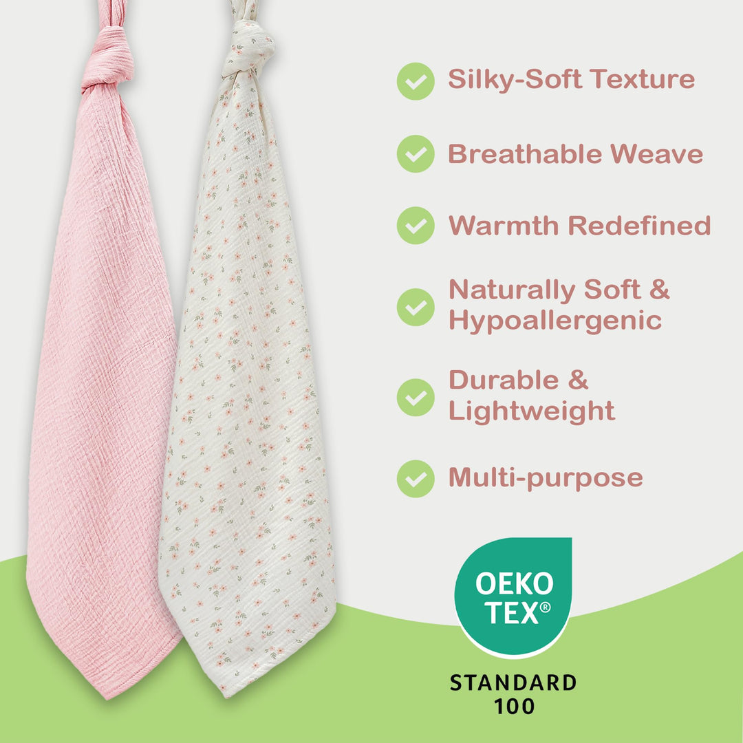 Organic Muslin Baby Blanket 2-Pack Rose & Peach, 47x47 Inch 100% Organic Cotton Oeko-TEX Certified Hypoallergenic Swaddle Blanket for Newborn Girls, Elegant Baby Girl Shower Gift