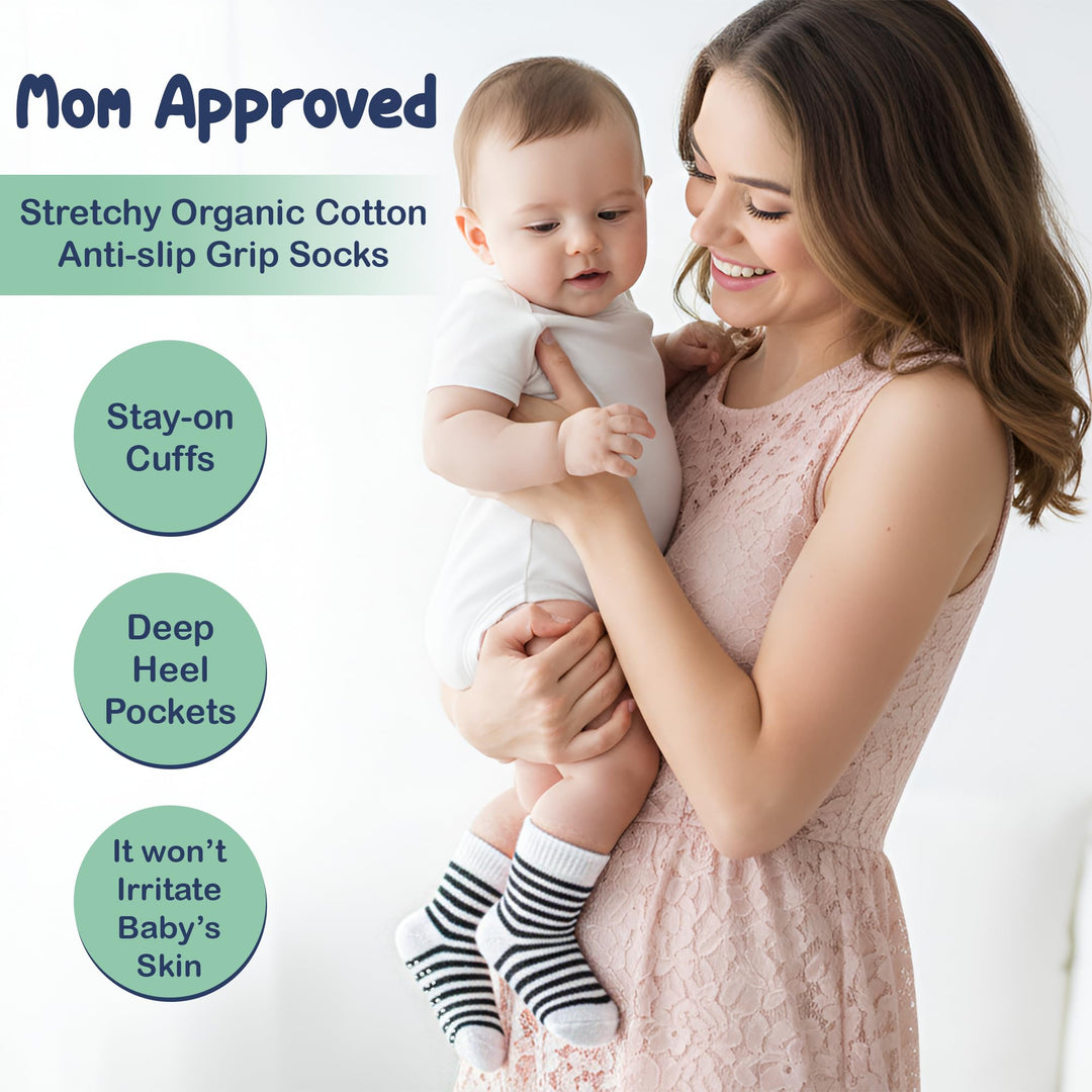 Mother's Choice Organic Cotton Baby Socks 6-12 Months, 12 Pairs Unisex Anti Slip - Soft & Hypoallergenic Baby Girl & Boys Socks (US, Age, 6 Months, 12 Months, Gray - White)