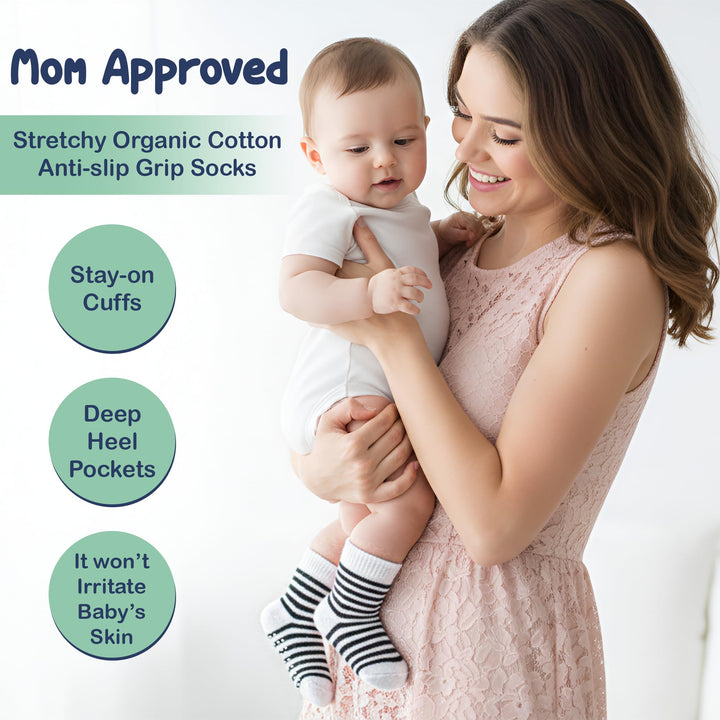 Mother's Choice Organic Cotton Baby Socks 6-12 Months, 12 Pairs Unisex Anti Slip - Soft & Hypoallergenic Baby Girl & Boys Socks (US, Age, 6 Months, 12 Months, Gray - White)