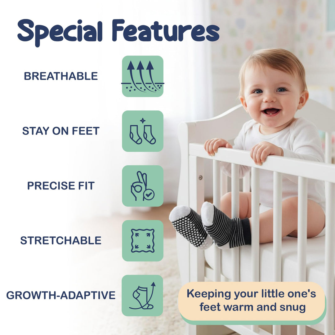 Mother's Choice Organic Cotton Baby Socks 6-12 Months, 12 Pairs Unisex Anti Slip - Soft & Hypoallergenic Baby Girl & Boys Socks (US, Age, 6 Months, 12 Months, Black - White - Gray 12 Pair)