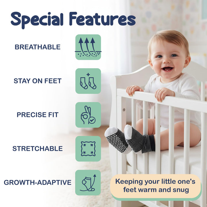 Mother's Choice Organic Cotton Baby Socks 6-12 Months, 12 Pairs Unisex Anti Slip - Soft & Hypoallergenic Baby Girl & Boys Socks (US, Age, 6 Months, 12 Months, Black - White - Gray 12 Pair)