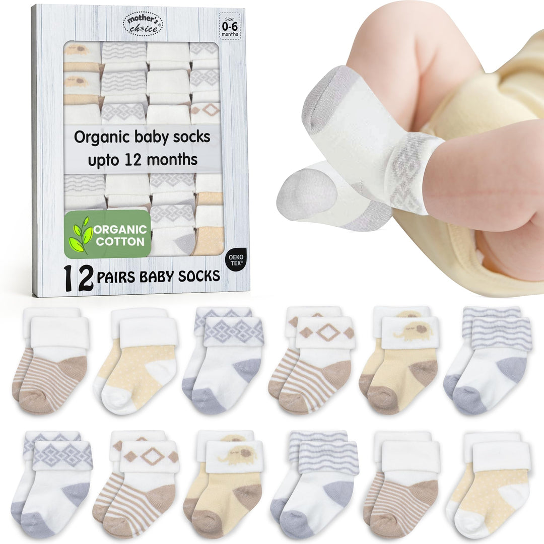Mother's Choice Organic Cotton Baby Socks Infant 0-6 Months - 12 pairs Soft, Cozy, and Gentle Newborn Socks for Girls & Boys, Perfect Baby Registry for Everyday Wear, and Infant Comfort