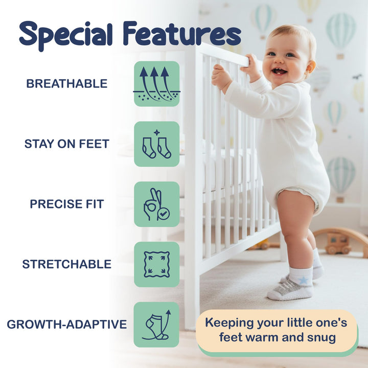Mother's Choice Organic Cotton Baby Socks 6-12 Months, 12 Pairs Unisex Anti Slip - Soft & Hypoallergenic Baby Girl & Boys Socks (US, Age, 6 Months, 12 Months, Blue - Gray - White)