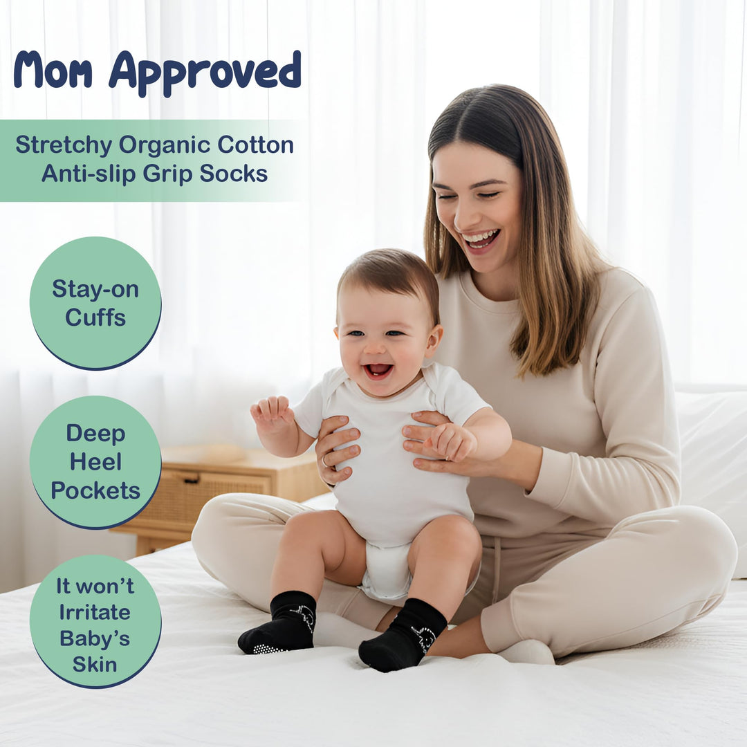 Mother's Choice Organic Cotton Baby Socks 6-12 Months, 12 Pairs Unisex Anti Slip - Soft & Hypoallergenic Baby Girl & Boys Socks (US, Age, 6 Months, 12 Months, Black - White - Gray 12 Pair)