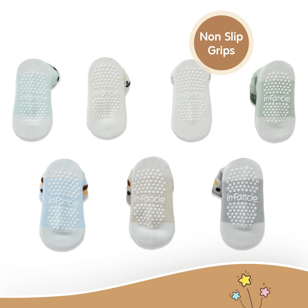 Organic Cotton GOTS Certified Non-Slip Baby Socks 0-6 Months - 7 Pairs Soft Breathable Newborn Socks Animal Design For Infant