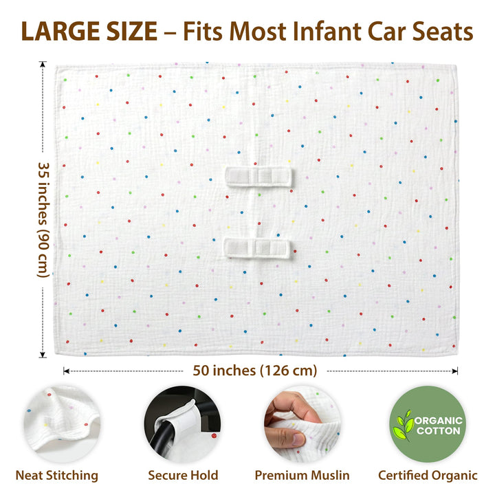 100% Organic Muslin Cotton Car Seat Cover 35 x 50 Inches Soft Touch Breathable Canopy, Protective Car Seat Cover Baby All Seasons Lightweight Car Seat Cover Travel Comfort (Ivory)