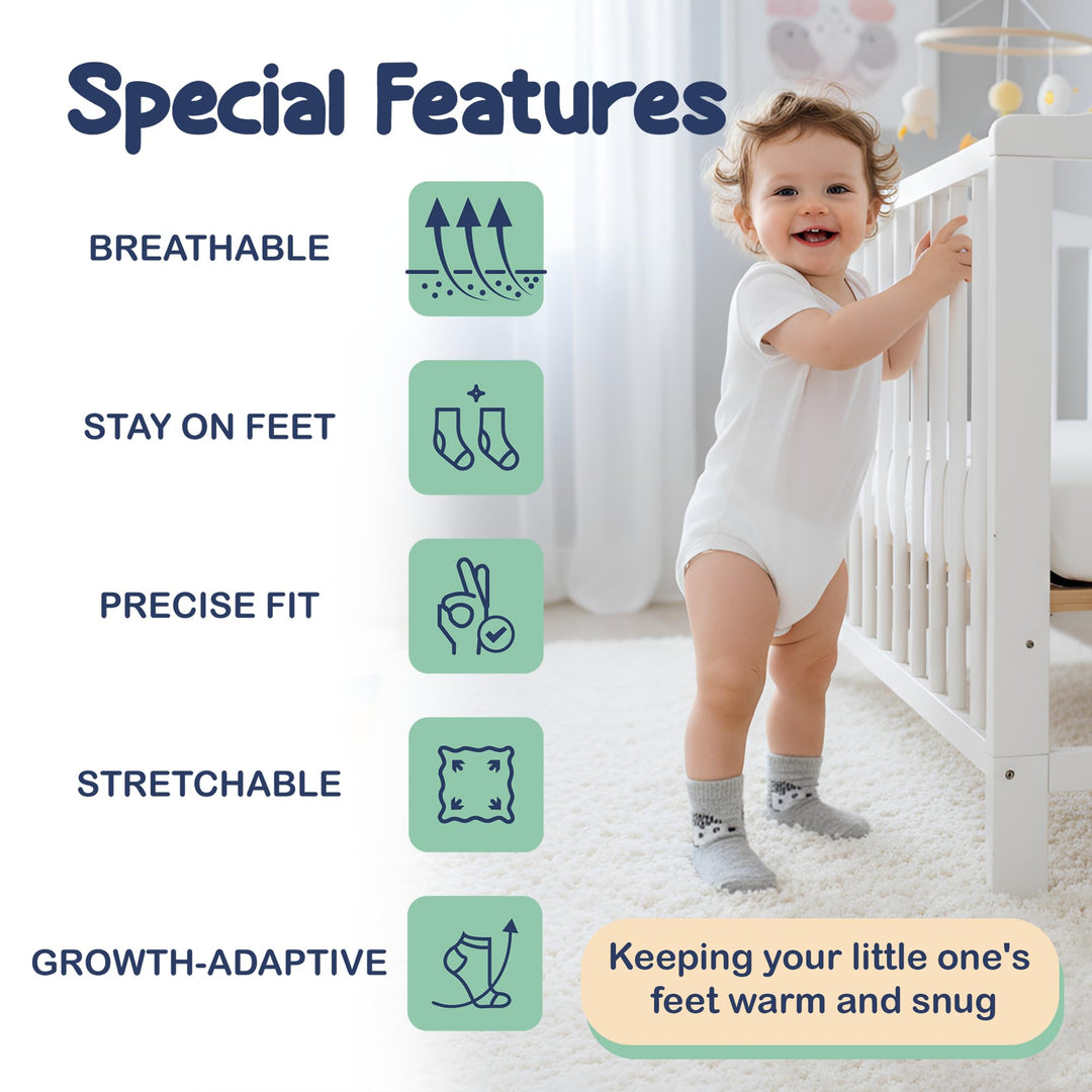 Mother's Choice Organic Cotton Baby Socks 6-12 Months, 12 Pairs Unisex Anti Slip - Soft & Hypoallergenic Baby Girl & Boys Socks (US, Age, 6 Months, 12 Months, Gray - White)