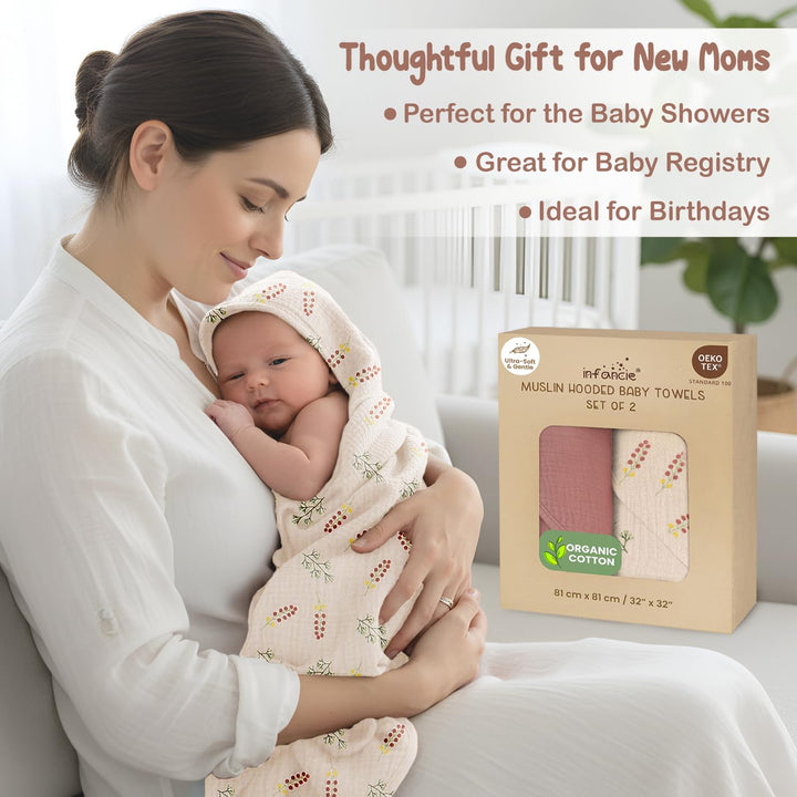 Infancie Organic Cotton Muslin Baby Hooded Towels