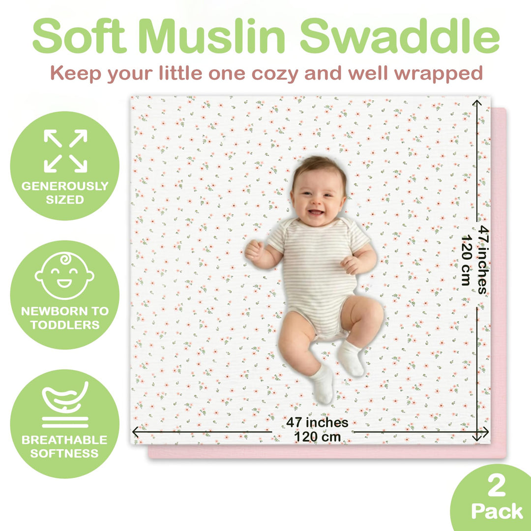Organic Muslin Baby Blanket 2-Pack Rose & Peach, 47x47 Inch 100% Organic Cotton Oeko-TEX Certified Hypoallergenic Swaddle Blanket for Newborn Girls, Elegant Baby Girl Shower Gift