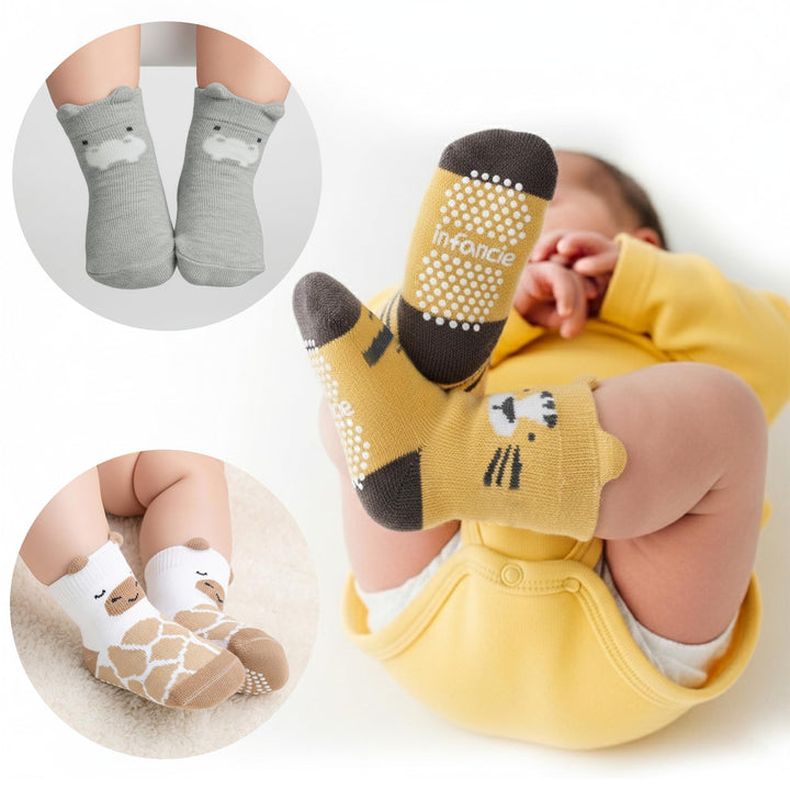 Organic Cotton GOTS Certified Non-Slip Baby Socks 0-6 Months - 7 Pairs Soft Breathable Newborn Socks Animal Design For Infant