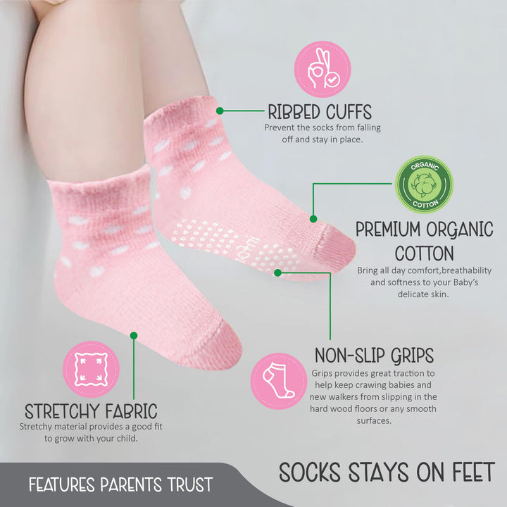 GOTS Certified Organic Cotton Rich Blend Baby Socks 12 Pairs For 0 - 6 (M) Baby Girl Soft, Stretchable & Comfortable Girl newborn Socks, Adorable Sock Shoes For Baby Girl, Gift For Little, Pink