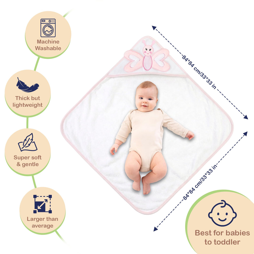 Mother's Choice Baby Towels 100% Organic Cotton Butterfly Hooded Design, Oeko-TEX Certified, Ultra-Soft Absorbent Hooded Bath Towel for Newborn Girls, (Butterfly)