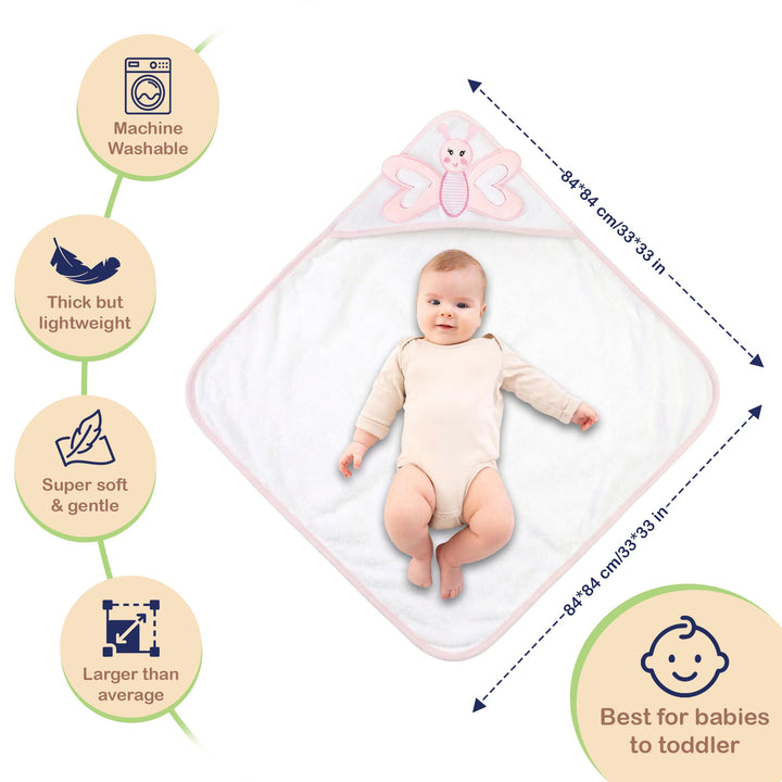 Mother's Choice Baby Towels 100% Organic Cotton Butterfly Hooded Design, Oeko-TEX Certified, Ultra-Soft Absorbent Hooded Bath Towel for Newborn Girls, (Butterfly)