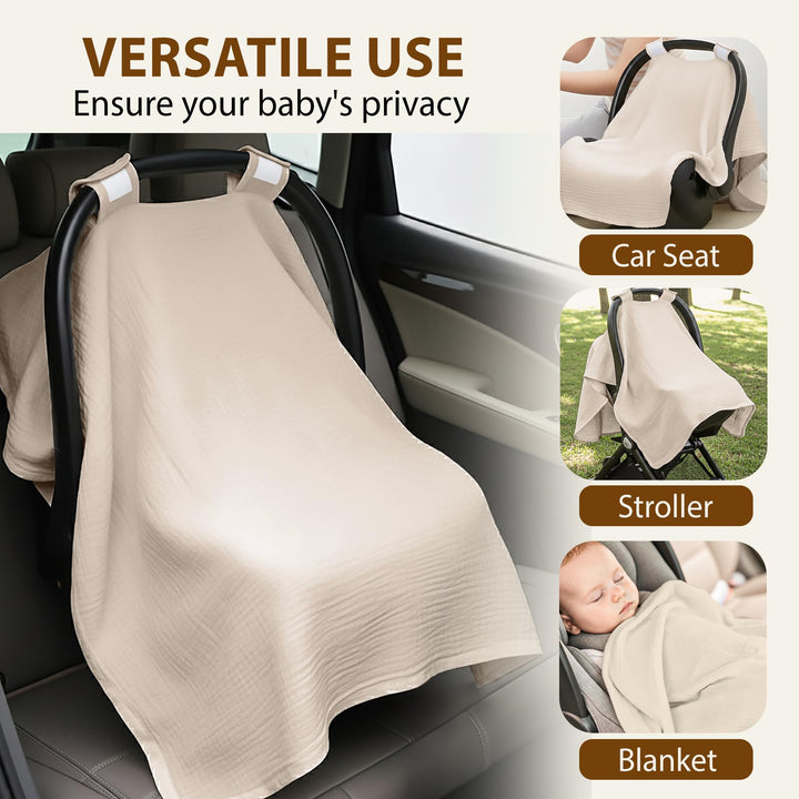 100% Organic Muslin Cotton Car Seat Cover 35 x 50 Inches Soft Touch Breathable Canopy, Protective Car Seat Cover Baby All Seasons Lightweight Car Seat Cover Travel Comfort (Ivory)
