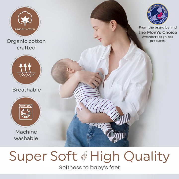 Organic Cotton 8 Pair Baby Socks 0–6 Months - Newborn Socks with Gripper - Safe Walking Non-Slip Sole, Perfect Baby Gift and Registry - Baby Socks for Boys and Girls, Newborn Essentials