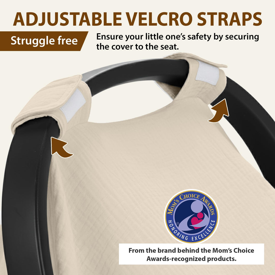 100% Organic Muslin Cotton Car Seat Cover 35 x 50 Inches Soft Touch Breathable Canopy, Protective Car Seat Cover Baby All Seasons Lightweight Car Seat Cover Travel Comfort (Ivory)