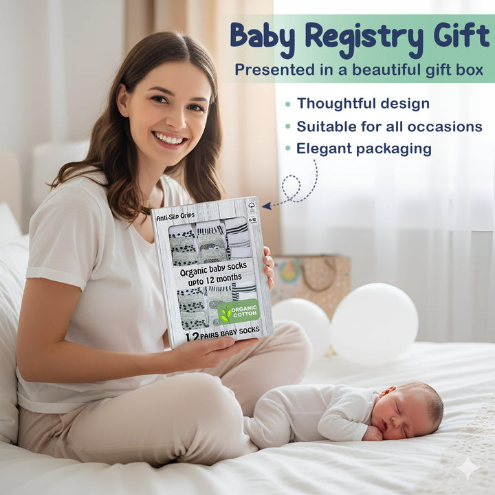 Mother's Choice Organic Cotton Baby Socks 6-12 Months, 12 Pairs Unisex Anti Slip - Soft & Hypoallergenic Baby Girl & Boys Socks (US, Age, 6 Months, 12 Months, Gray - White)
