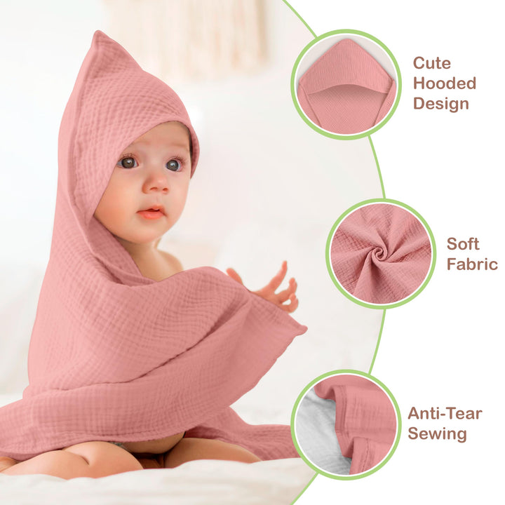 100% Organic Cotton Muslin Baby Hooded Towels 32x32 Inch – 2 Pack Soft & Absorbent Baby Towels for Newborn for Boys & Girls, Premium Hooded Towels, Ultra-Gentle Baby Essentials in Rose/Peach