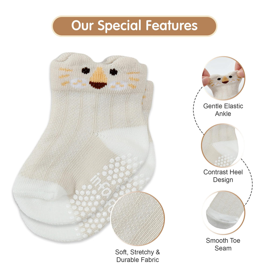 Organic Cotton GOTS Certified Non-Slip Baby Socks 0-6 Months - 7 Pairs Soft Breathable Newborn Socks Animal Design For Infant