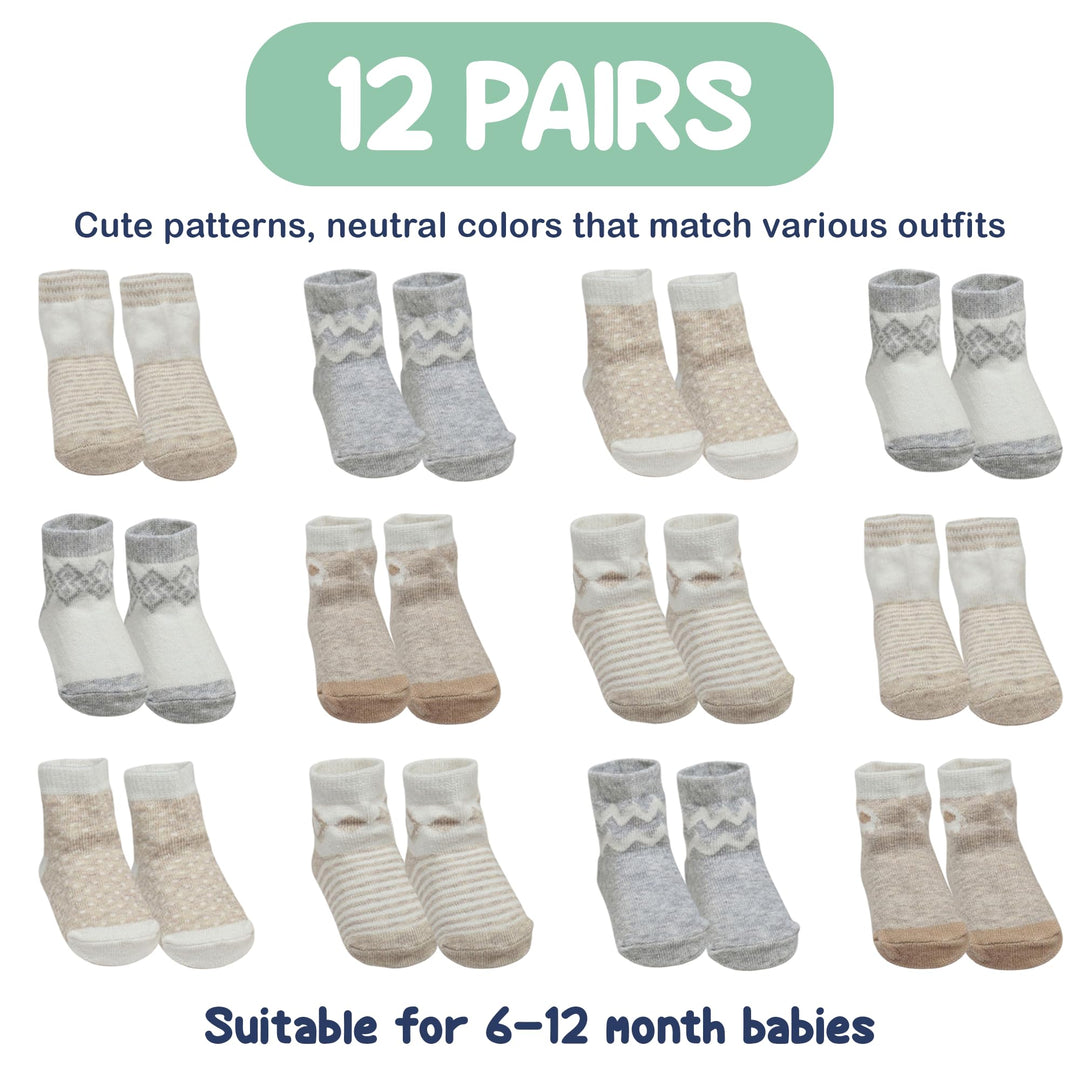 Mother's Choice Organic Cotton Baby Socks 6-12 Months, 12 Pairs Unisex Anti Slip - Soft & Hypoallergenic Baby Girl & Boys Socks (US, Age, 6 Months, 12 Months, Brown & White)