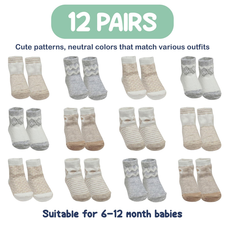 Mother's Choice Organic Cotton Baby Socks 6-12 Months, 12 Pairs Unisex Anti Slip - Soft & Hypoallergenic Baby Girl & Boys Socks (US, Age, 6 Months, 12 Months, Brown & White)