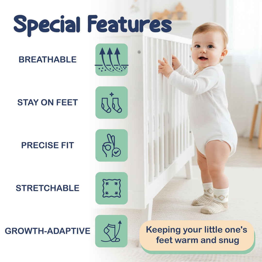 Mother's Choice Organic Cotton Baby Socks 6-12 Months, 12 Pairs Unisex Anti Slip - Soft & Hypoallergenic Baby Girl & Boys Socks (US, Age, 6 Months, 12 Months, Brown & White)