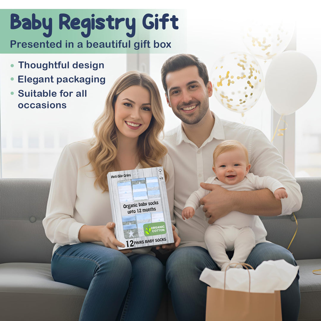 Mother's Choice Organic Cotton Baby Socks 6-12 Months, 12 Pairs Unisex Anti Slip - Soft & Hypoallergenic Baby Girl & Boys Socks (US, Age, 6 Months, 12 Months, Blue - Gray - White)