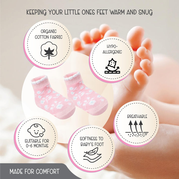 GOTS Certified Organic Cotton Rich Blend Baby Socks 12 Pairs For 0 - 6 (M) Baby Girl Soft, Stretchable & Comfortable Girl newborn Socks, Adorable Sock Shoes For Baby Girl, Gift For Little, Pink