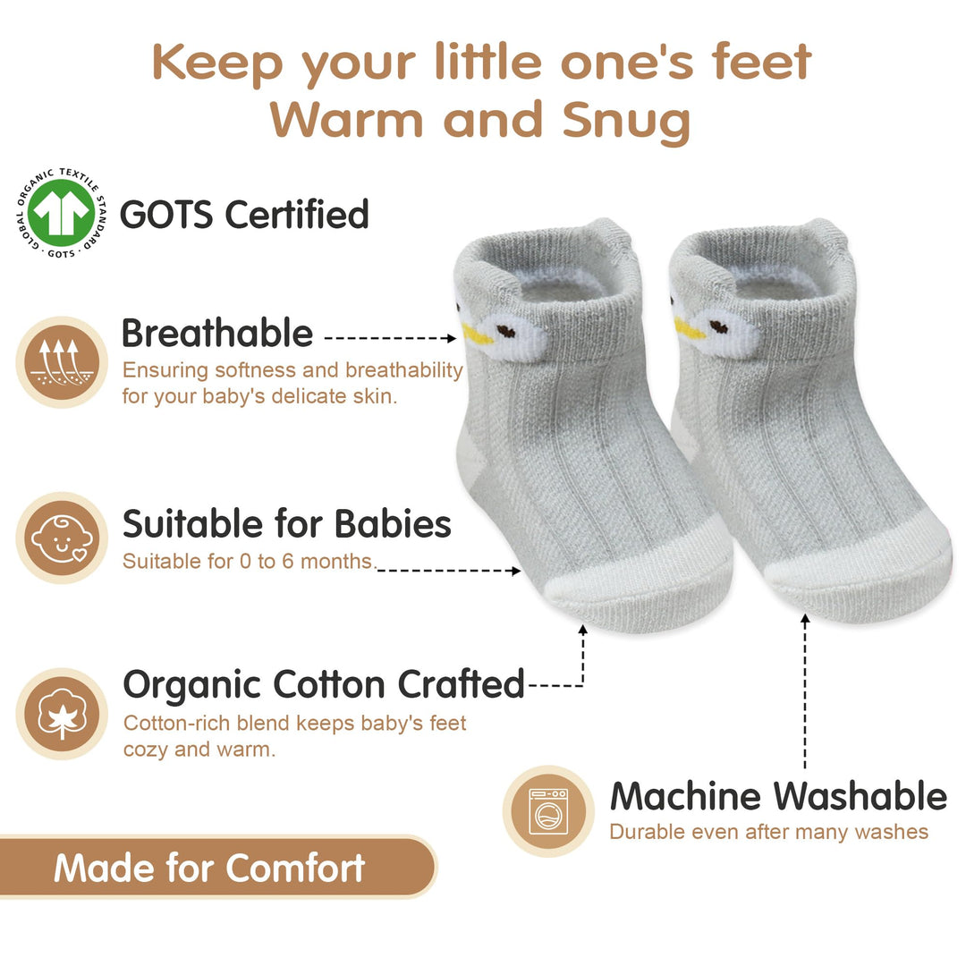 Organic Cotton GOTS Certified Non-Slip Baby Socks 0-6 Months - 7 Pairs Soft Breathable Newborn Socks Animal Design For Infant