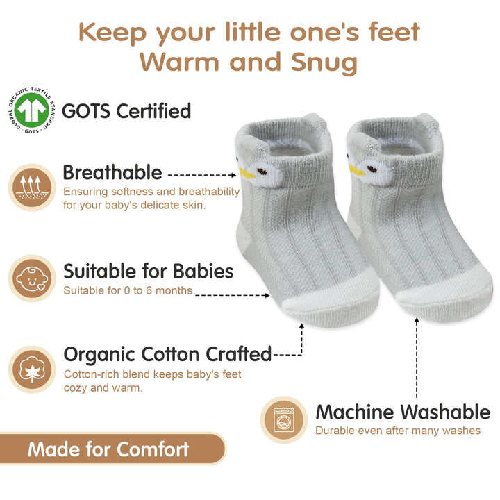 Organic Cotton GOTS Certified Non-Slip Baby Socks 0-6 Months - 7 Pairs Soft Breathable Newborn Socks Animal Design For Infant