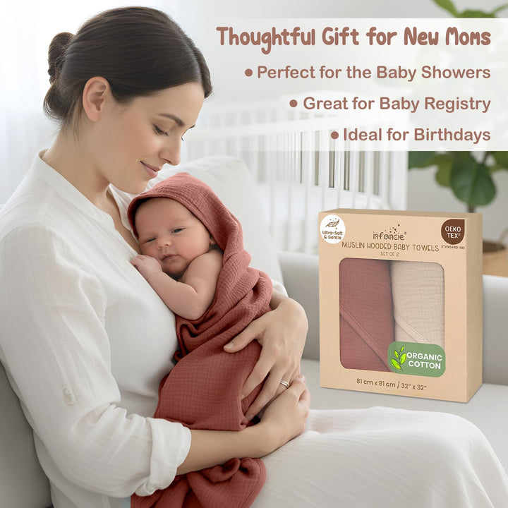 Infancie Organic Cotton Muslin Baby Hooded Towels
