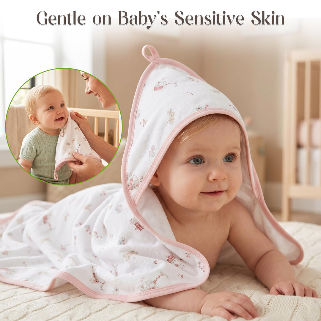 Organic Hooded Baby Towels with Washcloths – 2 Hooded Towel (28x28 inches) & 2 Washcloth (10x10 inches) – Ultra Soft, Absorbent & Cozy Cotton Bath Towels for Newborns and Infants