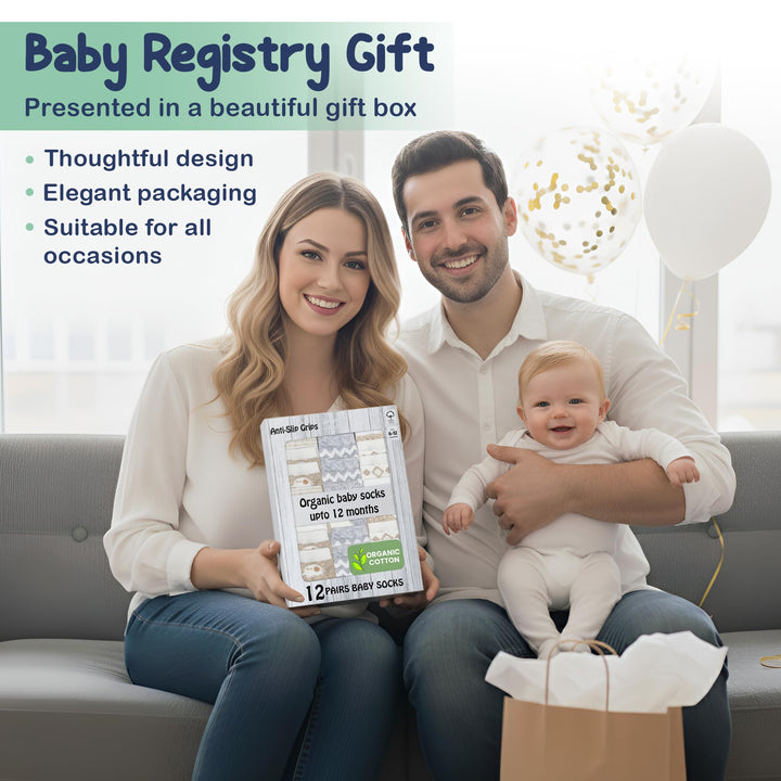 Mother's Choice Organic Cotton Baby Socks 6-12 Months, 12 Pairs Unisex Anti Slip - Soft & Hypoallergenic Baby Girl & Boys Socks (US, Age, 6 Months, 12 Months, Brown & White)