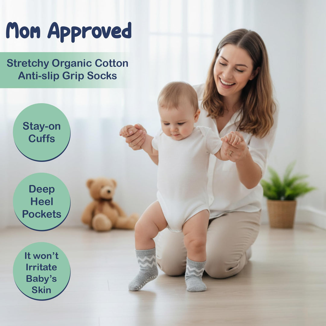 Mother's Choice Organic Cotton Baby Socks 6-12 Months, 12 Pairs Unisex Anti Slip - Soft & Hypoallergenic Baby Girl & Boys Socks (US, Age, 6 Months, 12 Months, Brown & White)