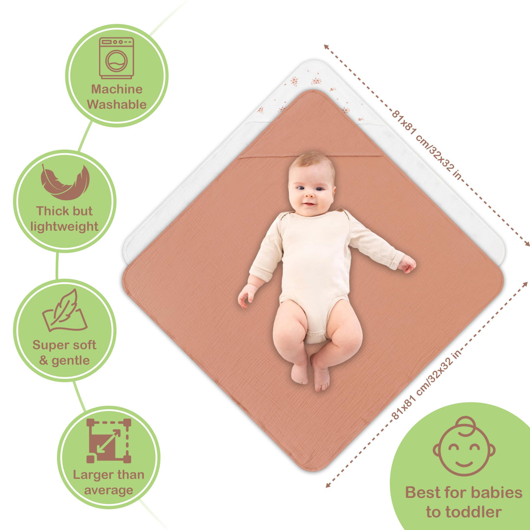 100% Organic Cotton Muslin Baby Hooded Towels 32x32 Inch – 2 Pack Soft & Absorbent Baby Towels for Newborn for Boys & Girls, Premium Hooded Towels, Ultra-Gentle Baby Essentials in Rose/Peach