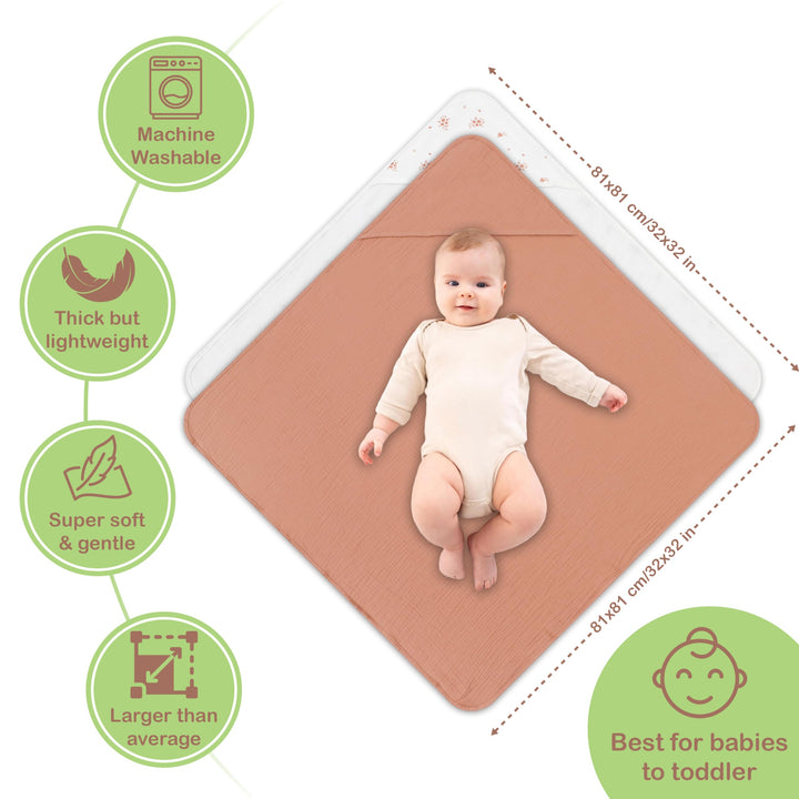 100% Organic Cotton Muslin Baby Hooded Towels 32x32 Inch – 2 Pack Soft & Absorbent Baby Towels for Newborn for Boys & Girls, Premium Hooded Towels, Ultra-Gentle Baby Essentials in Rose/Peach