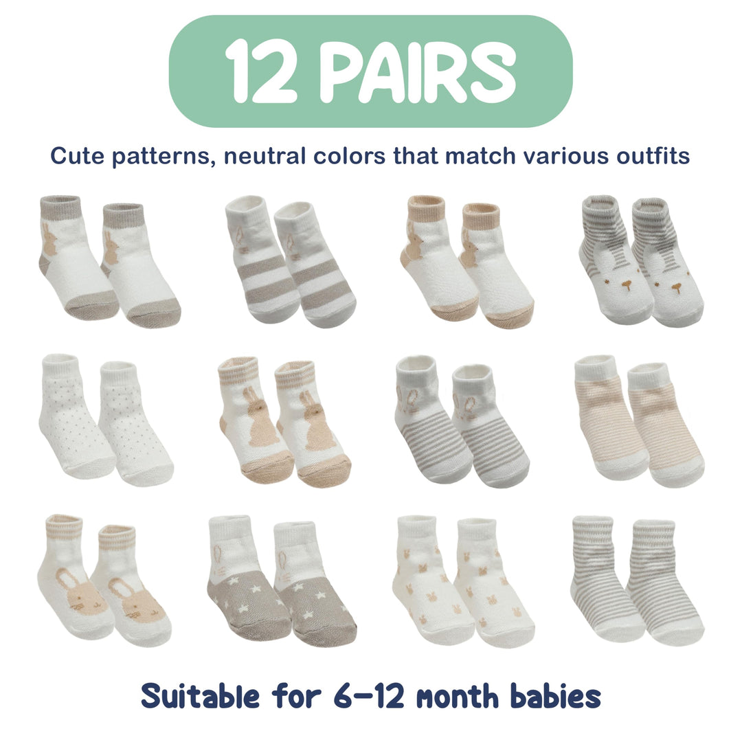Mother's Choice Organic Cotton Baby Socks 6-12 Months, 12 Pairs Anti Slip Unisex - Soft & Hypoallergenic Baby Girl & Boys Socks (US, Age, 6 Months, 12 Months, Brown,Gray,White)